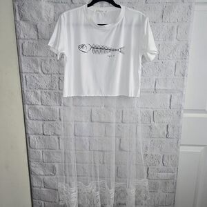 Women's Fish Skeleton White Split Sheer Top Medium